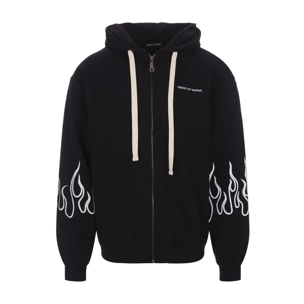 Vision OF Super Zwarte zip-up hoodie met iconische geborduurde vlammen Black Heren