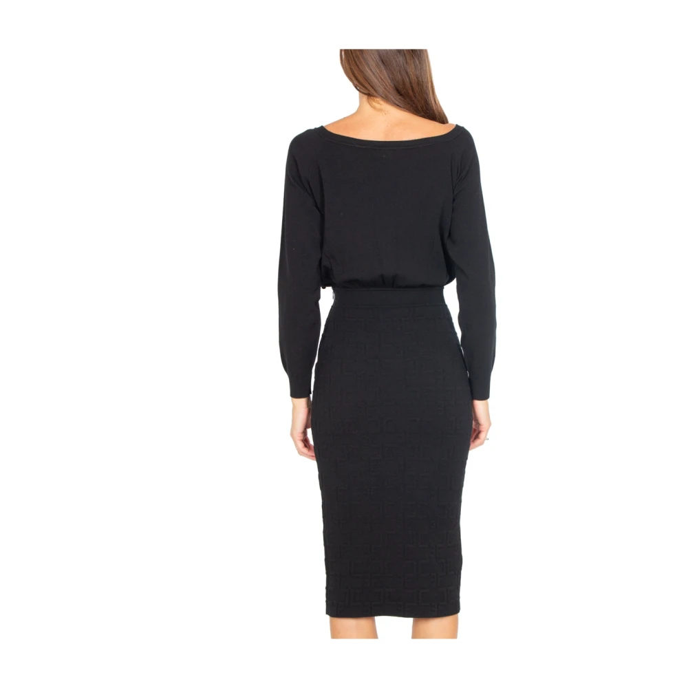 Elisabetta Franchi Zwarte Gebreide Longuette Jurk met Jacquard Black Dames