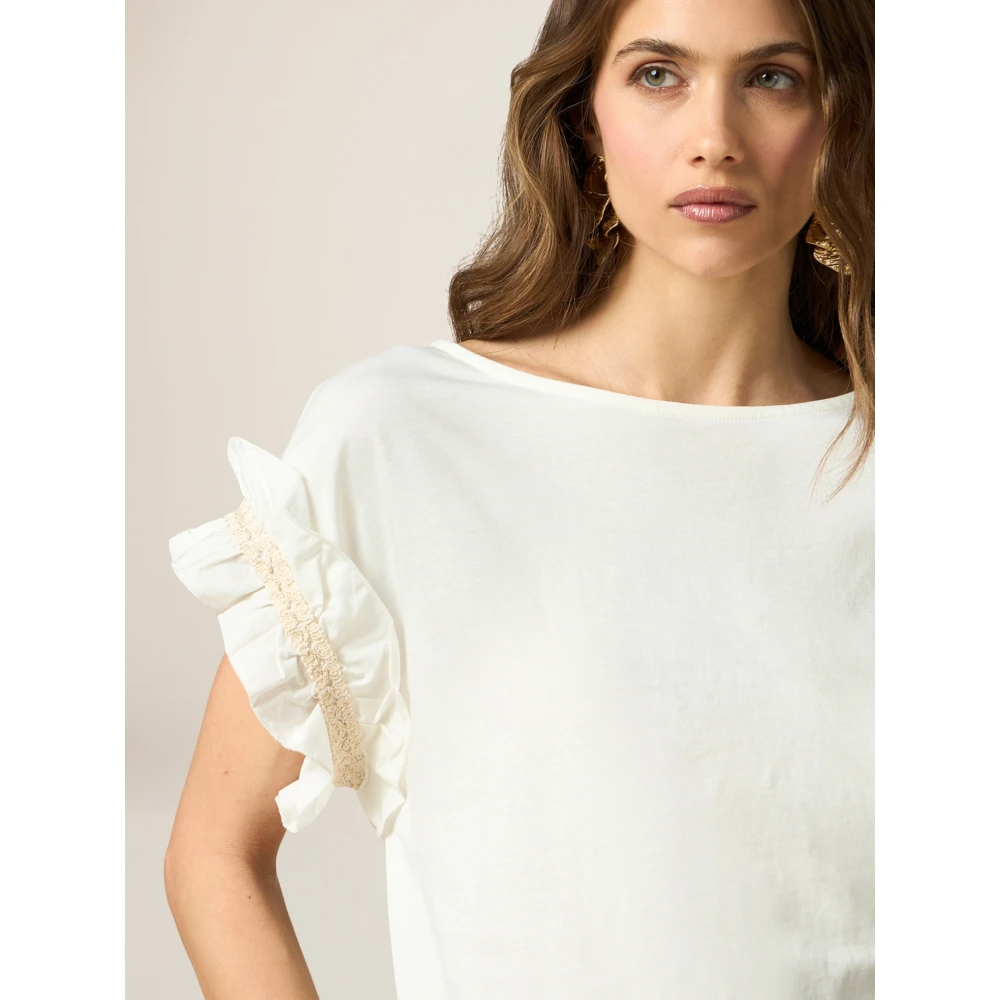Oltre Katoenen T-shirt met Poplin Ruche White Dames