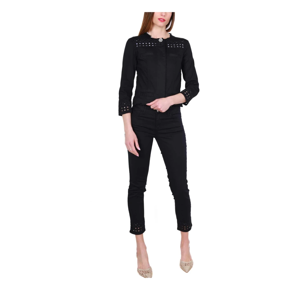 Liu Jo Zwarte Katoenen Gabardine Jas Kant Black Dames