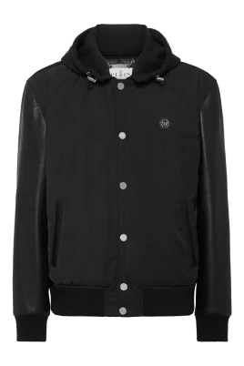 Nylon & Leather Varsity Bomber Hooded Jacket