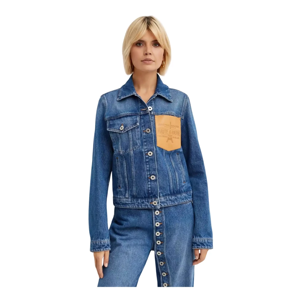 Jean Paul Gaultier Blauwe Denim Jack met Leren Patch Blue Dames