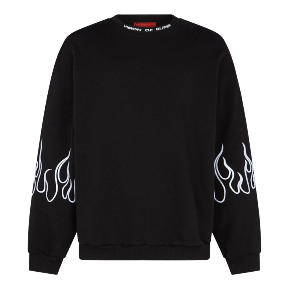 Vision OF Super Geborduurde Vlammen Crewneck Sweatshirt Zwart Wit Black Heren