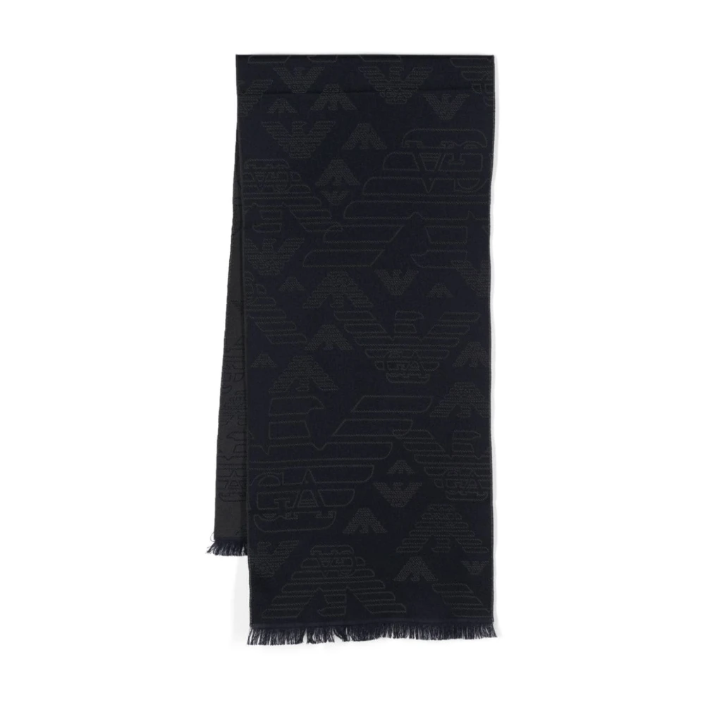 Emporio Armani Blue Jacquard Scarf In Wool With An Eagle And Fringes Essential - Image 4