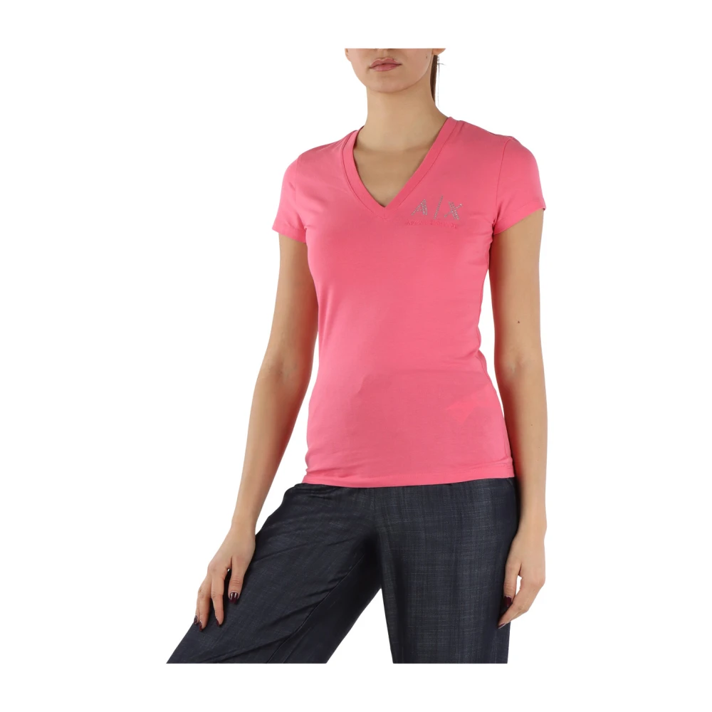 Armani Exchange Stretch katoenen V-hals T-shirt Pink Dames