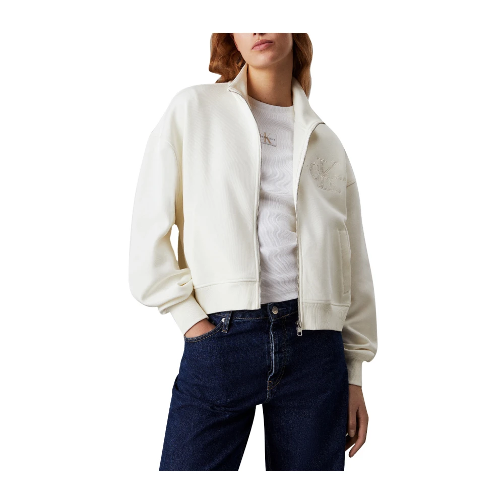 Calvin Klein Jeans Ivoor Sweater met Satin Logo Applique Beige Dames