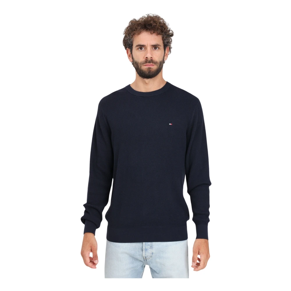 Tommy Hilfiger Blauwe Crew-Neck Sweater met Honingraat Weefsel Blue Heren