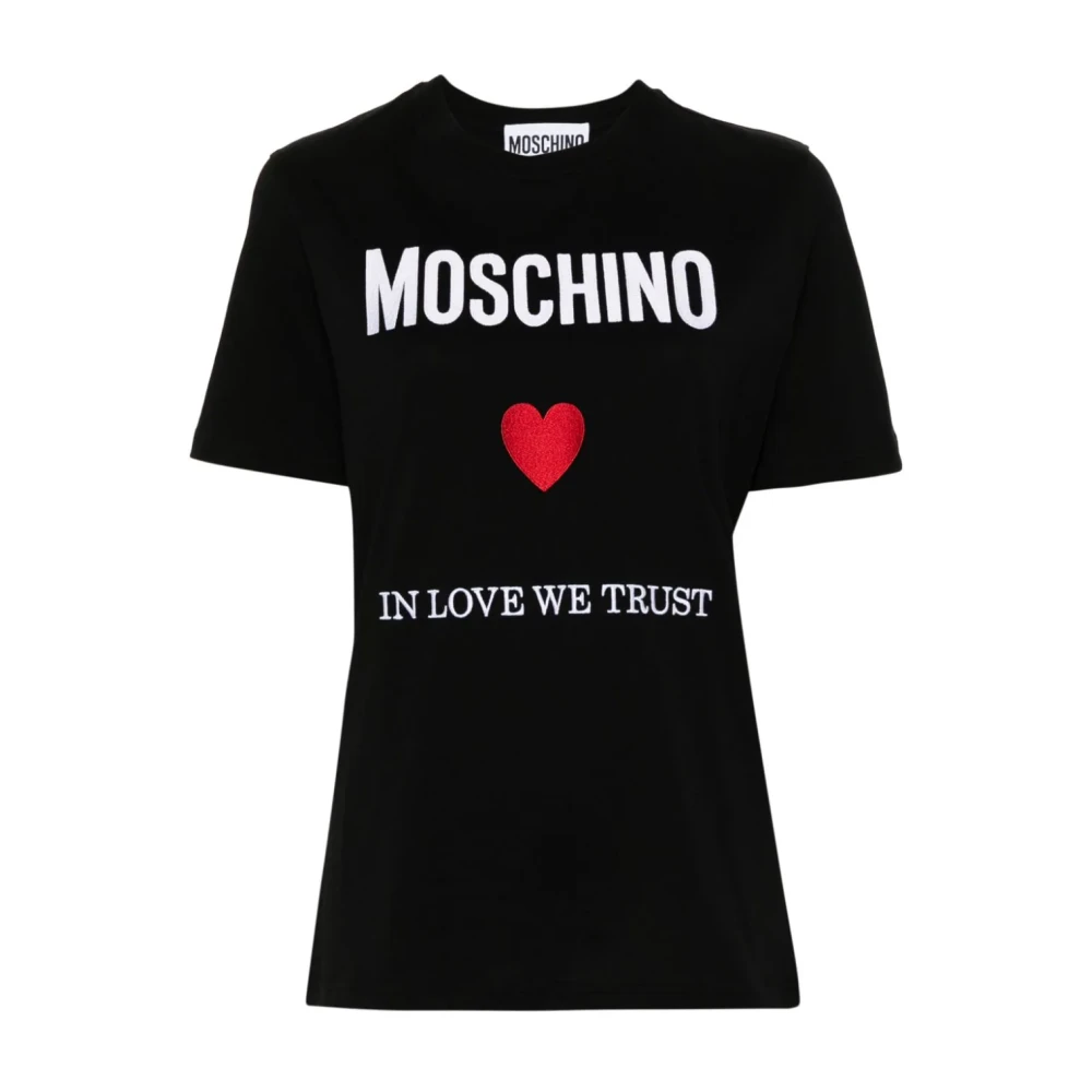 Moschino Biologisch katoenen T-shirt met logo borduurwerk Black Dames