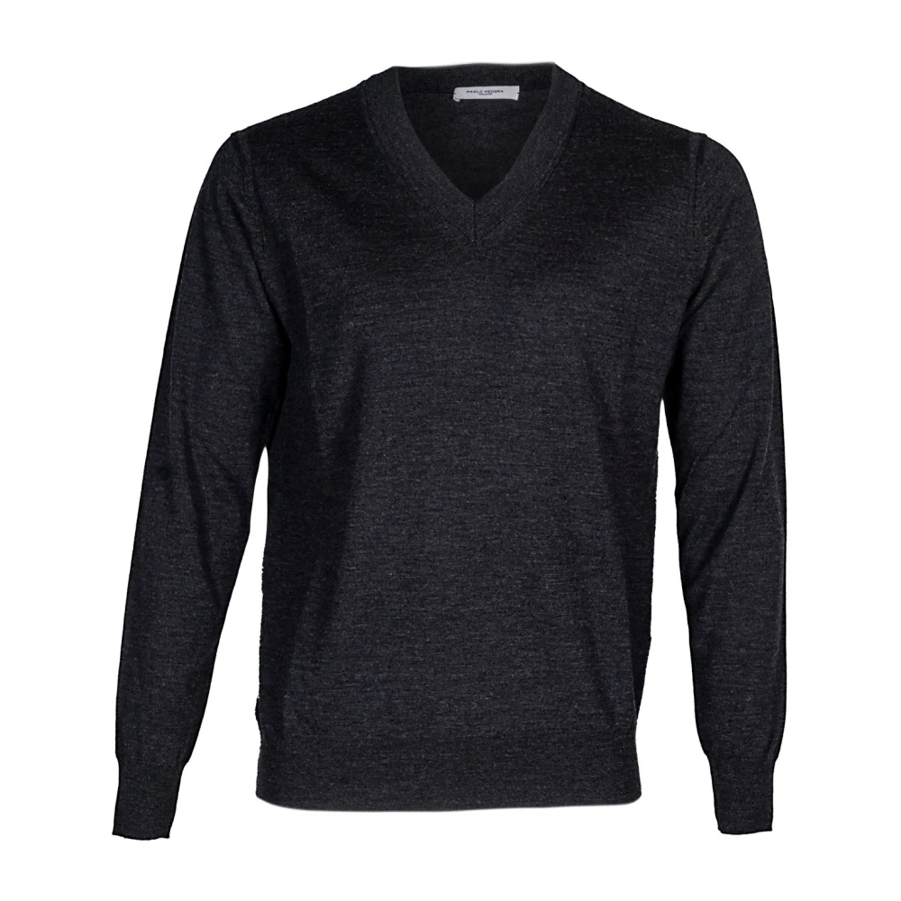 Paolo Pecora Men's Black V-Neck Knitwear, 2XL, Wool V-Neck Jumper Made In Italy