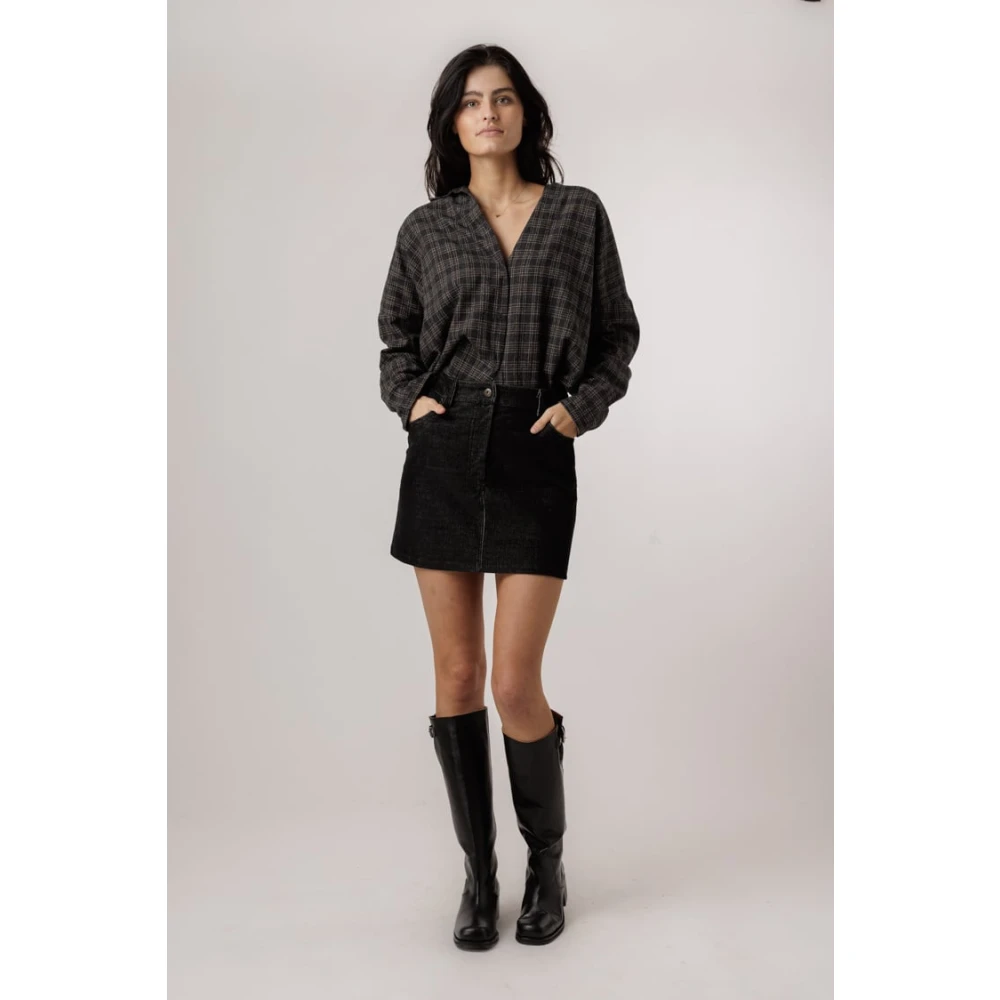 By-Bar Corduroy Rokje met knoopsluiting Black Dames