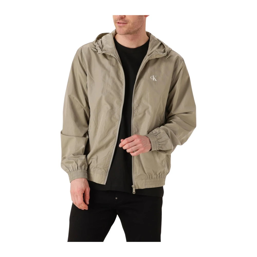 Calvin Klein Khaki Nylon Hooded Windbreaker Jas Beige Heren