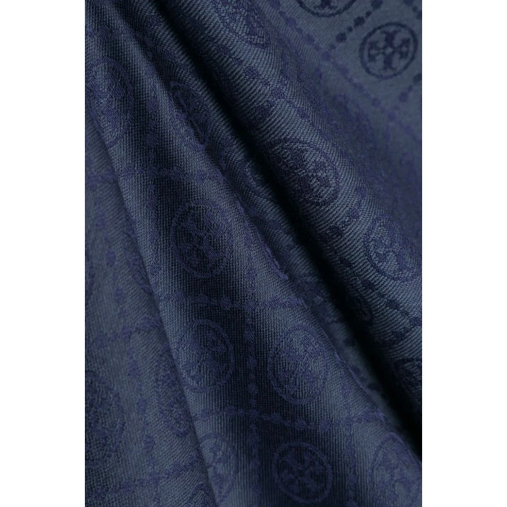 TORY BURCH Blauw Zijde Wol Blend Monogram Sjaal Blue Dames