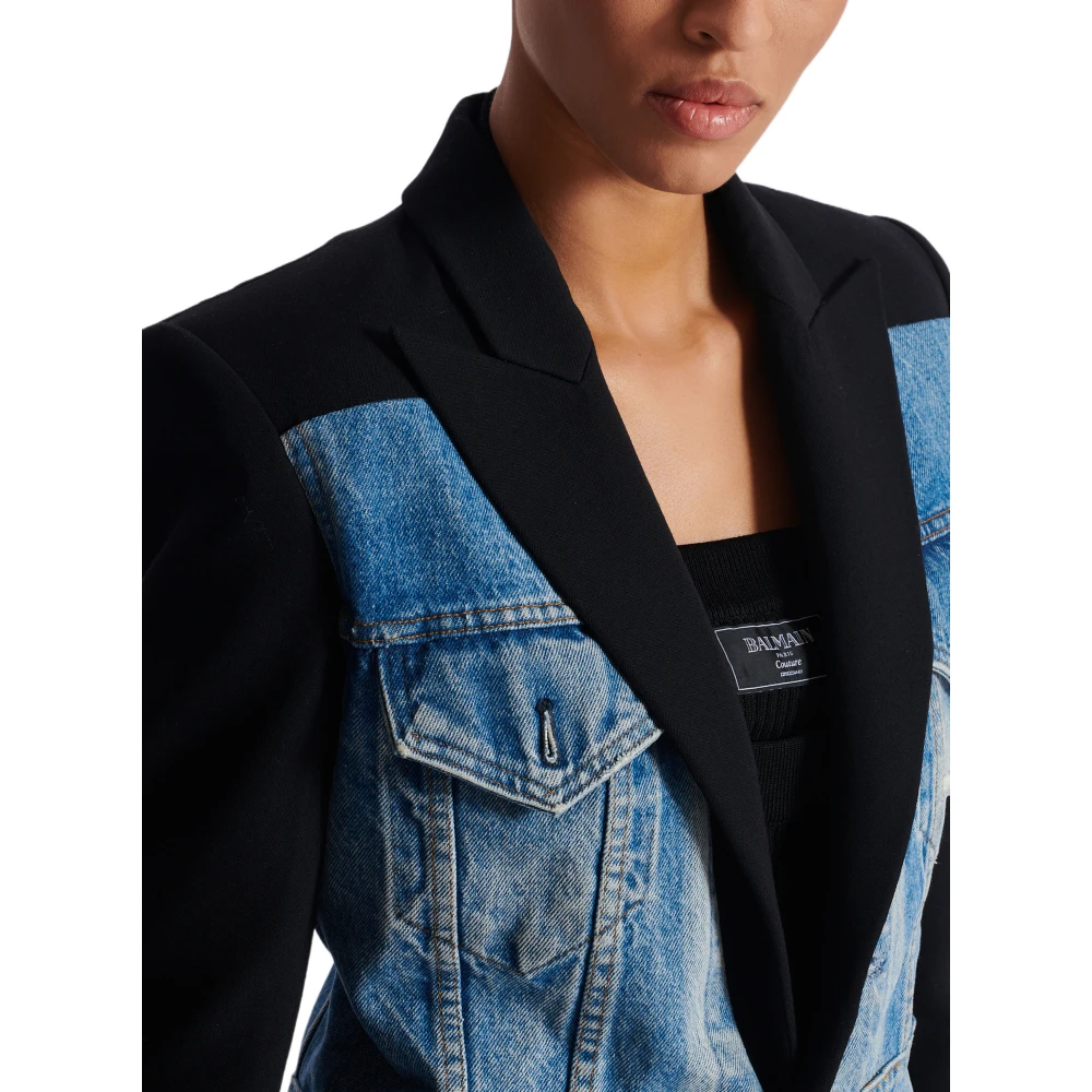 Balmain 1-knoop bi-materiaal jas Black Dames