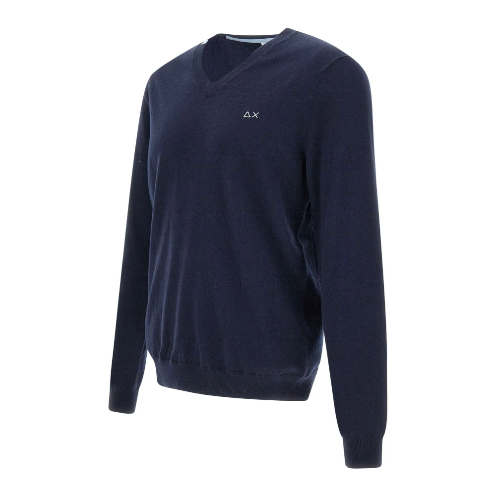 Sun68 Blauwe V-hals trui met logo Blue Heren