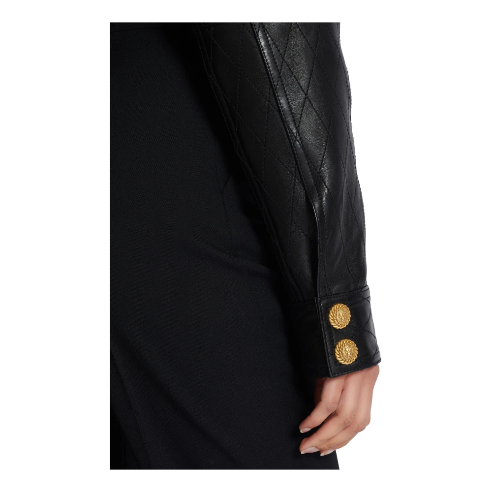 Balmain Topgestikte cropped leren jas Black Dames