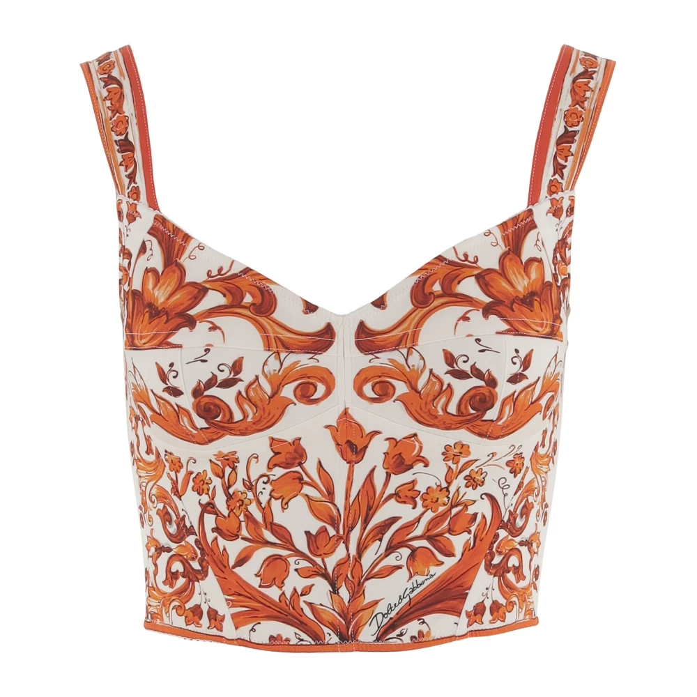 Dolce & Gabbana Women's Multicolor Sleeveless Tops, S, Majolica-Print Charmeuse Bustier Top