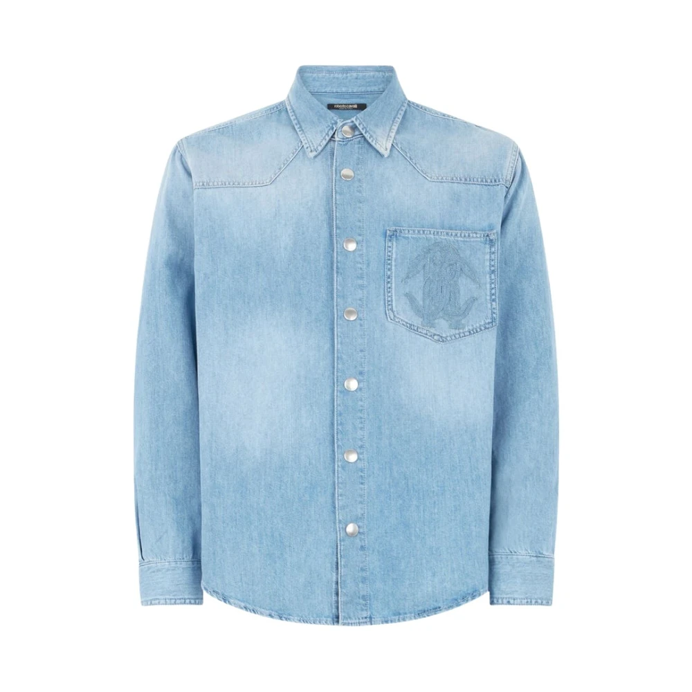 Roberto Cavalli Men's Blue Snake Monogram Denim Shirt