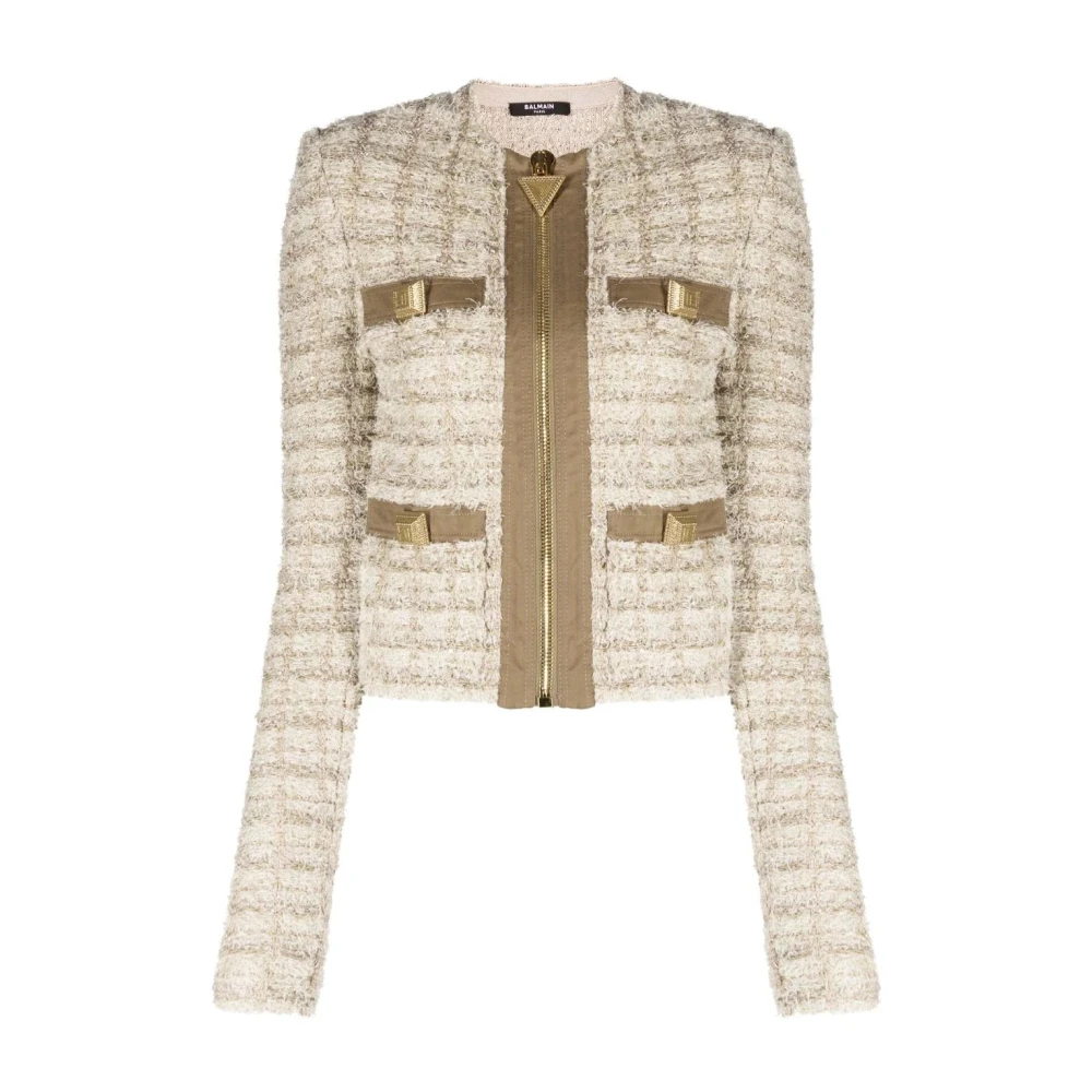 Balmain Beige Collarless 4 Pkt Zipped Jacket - Female - Tweed Jackets - M - Jackets