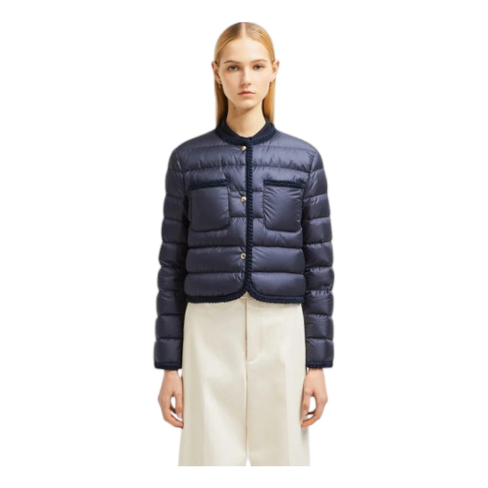 Moncler Korte Gevlochten Trim Donsjas Marine Blue Dames