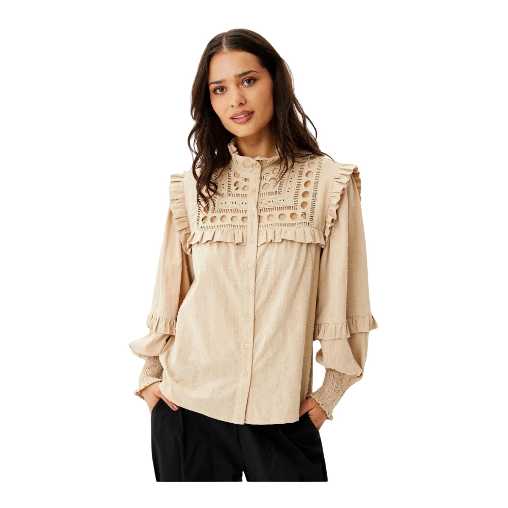IN Front Elegante Fine Shirt met Geborduurde Details Beige Dames