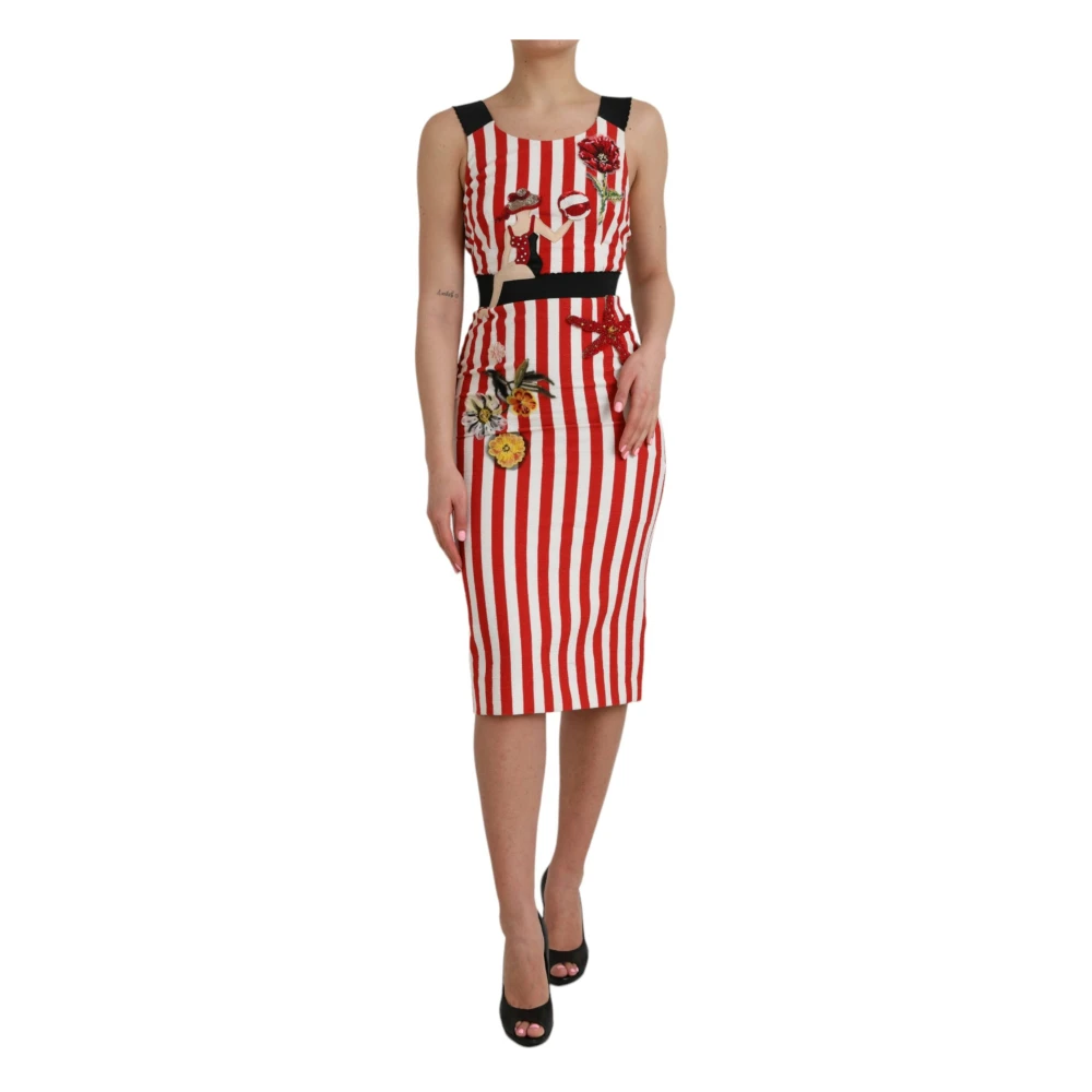 Dolce & Gabbana Rood Wit Bloemig Mouwloos Midi Jurk White Dames