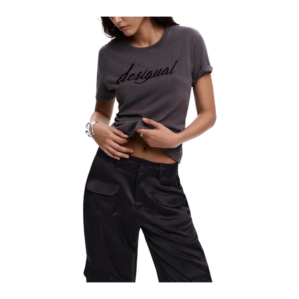 Desigual Women's Gray T-Shirts, L, Printed Short Sleeve Round Neck T-Shirt