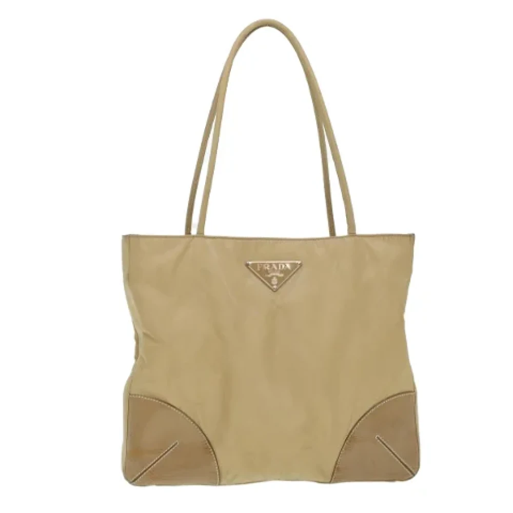 Prada Vintage Tweedehands Beige Nylon Tote Tas Beige Dames