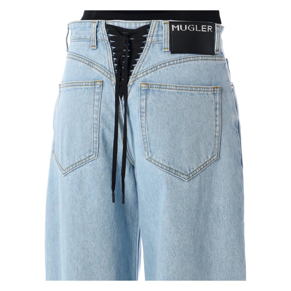 Mugler Blauwe Lace-Up Wide Leg Jeans Blue Dames
