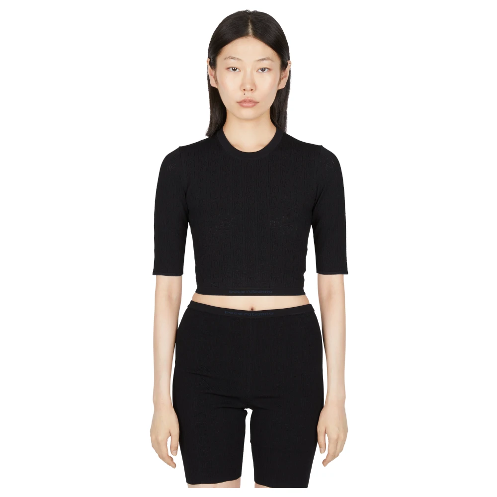Rabanne Women's Black T-Shirts, L, Logo Embroidered Stretch T-Shirt