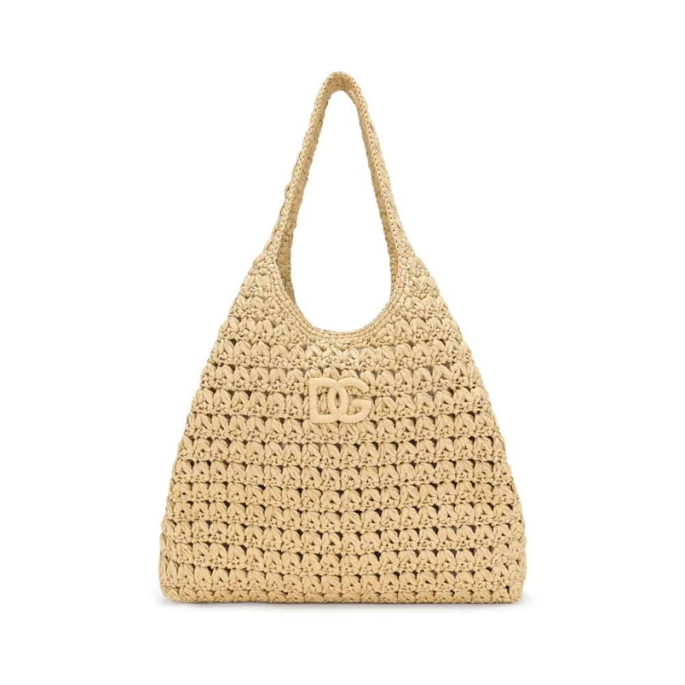 Dolce & Gabbana Raffia Tote Tas met Appliqué Logo Beige Dames