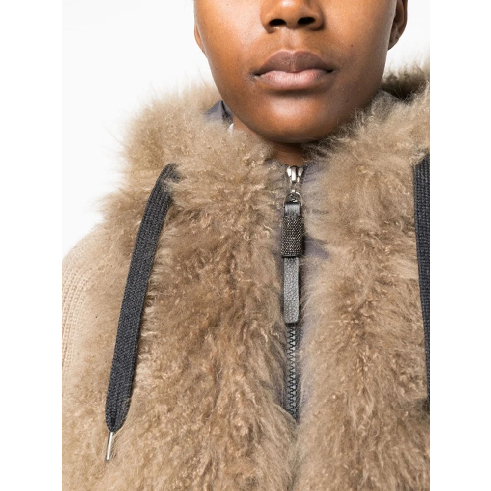 BRUNELLO CUCINELLI Shearling Cashmere Jas met Monile Borduurwerk Brown Dames