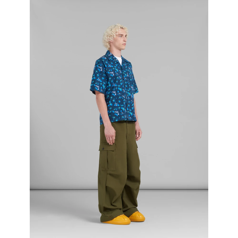 Marni Poplin bowling shirt met druipend print Blue Heren