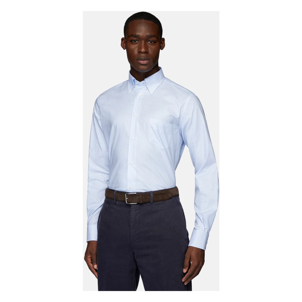 Boggi Milano Regular Fit Overhemd van Gestreept Katoenen Twill Blue Heren