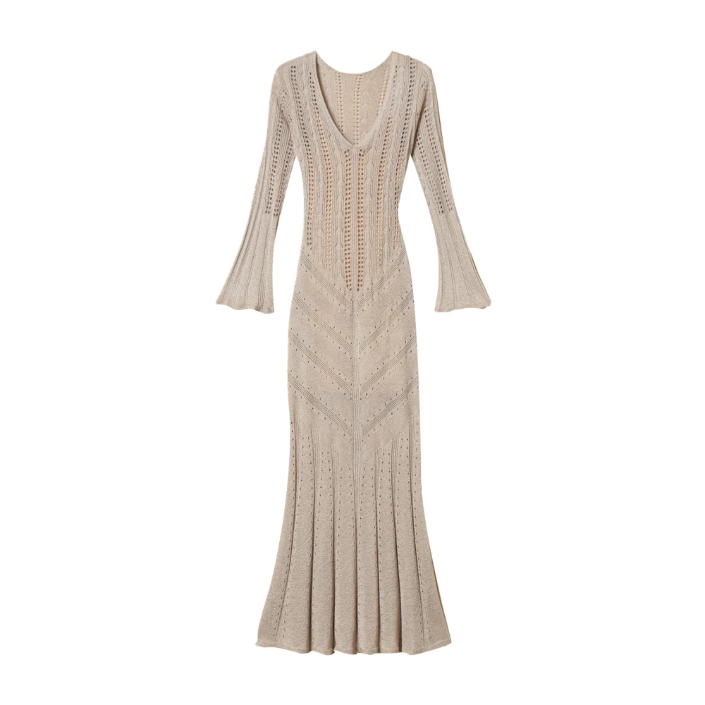 Twinset Women's Beige Knitted Dresses, L, V-Neck Midi Dress