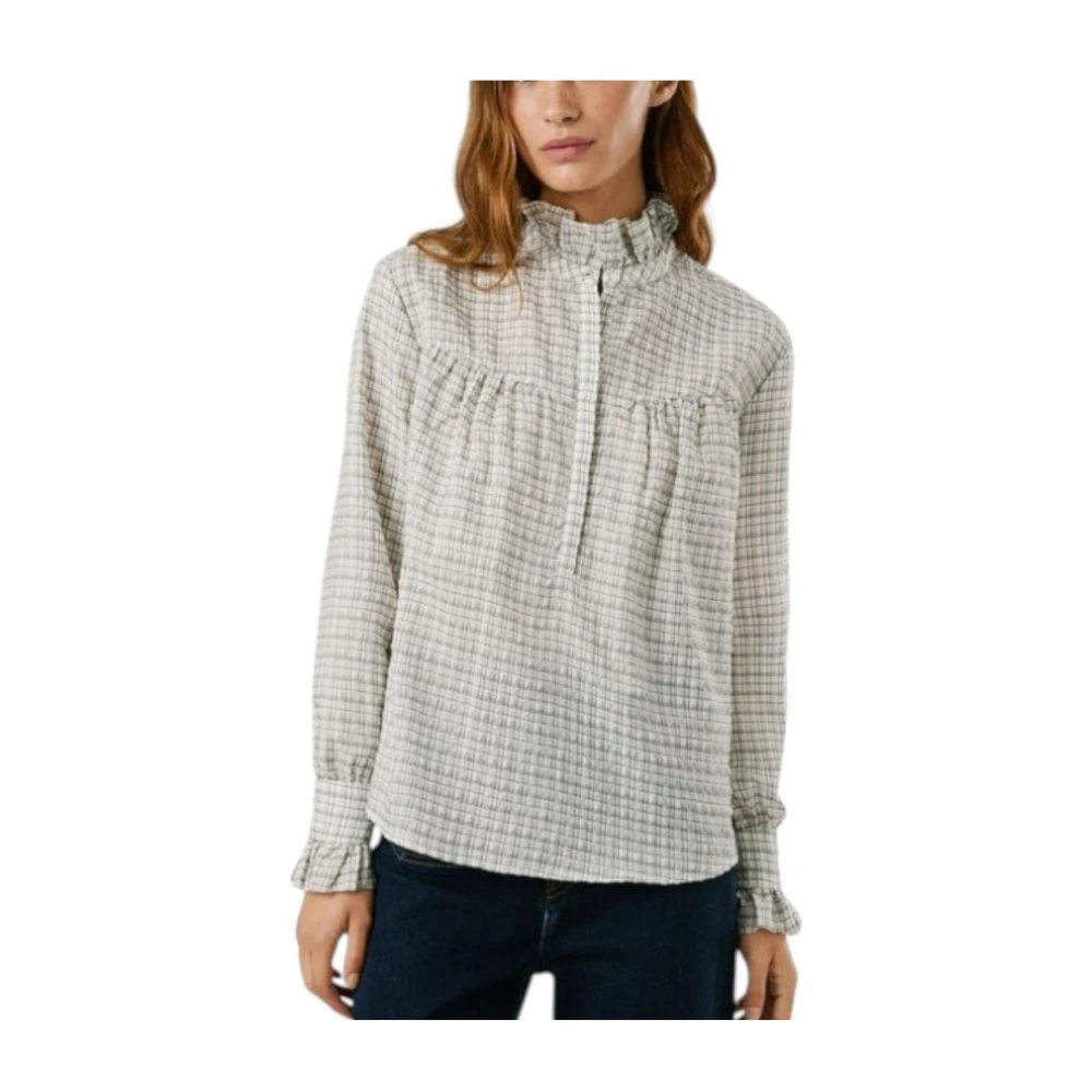 Pepe Jeans Women's White Blouses, Xs, Ruffled High Neck Blouse With Checkered Print