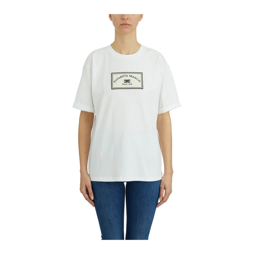 Elisabetta Franchi Katoen Patch Logo T-Shirt White Dames