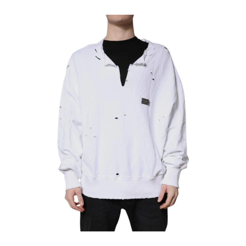 Dolce & Gabbana Men's White Cotton V-Neck Logo Sweatshirt