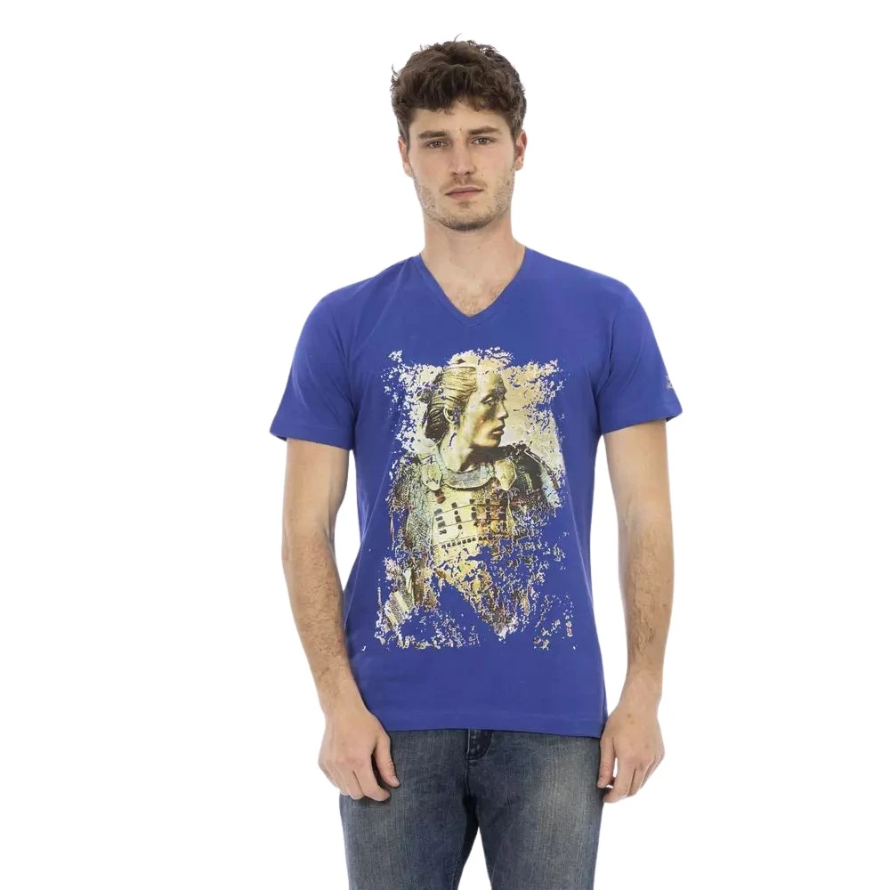 Trussardi Mannelijk Blauw Tops Heren, M, Katoen, Elegant V-Hals T-Shirt Met Frontprint