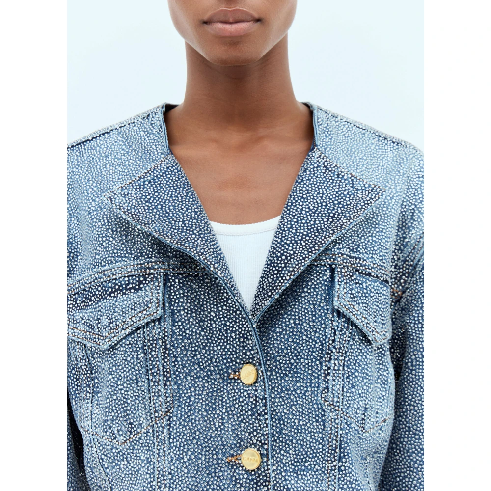 Ganni Kristalversierde Denim Blazer Blue Dames