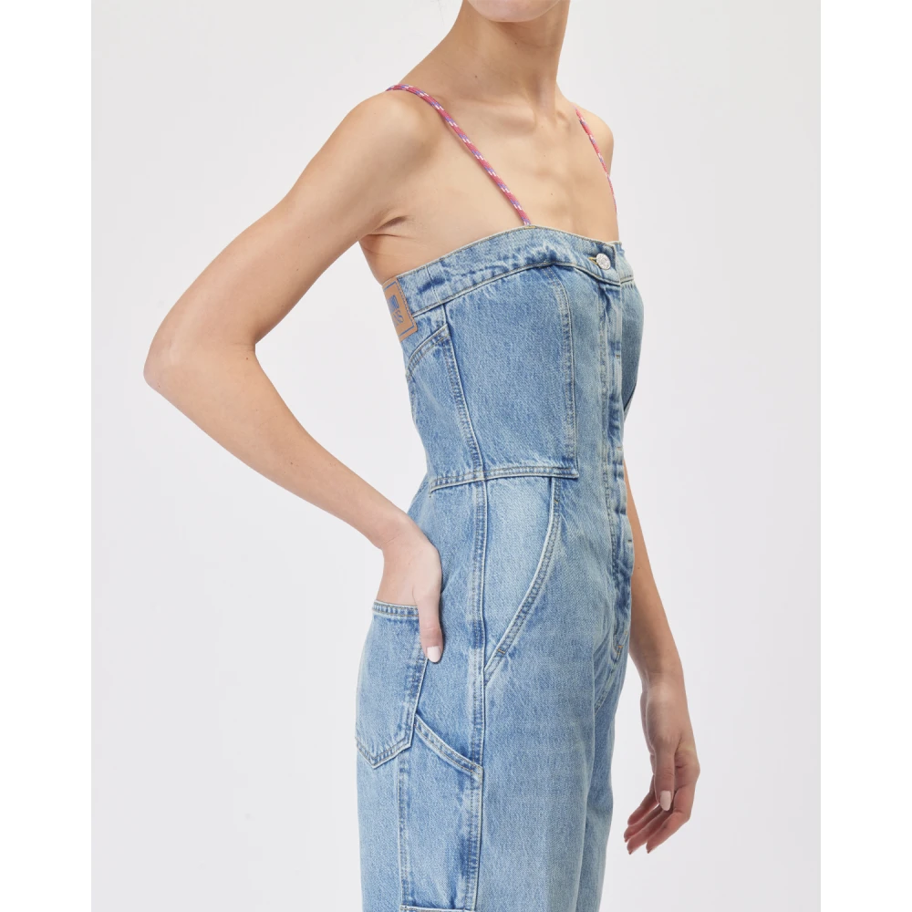 Moschino Denim Cargo Jumpsuit met Roze Trekkoorden Blue Dames