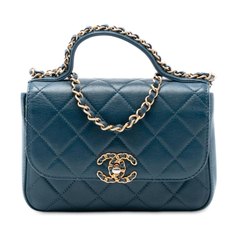 Chanel Vintage Women's Blue Pre-Owned Quilted Leather Flap Satchel With Chain Detail