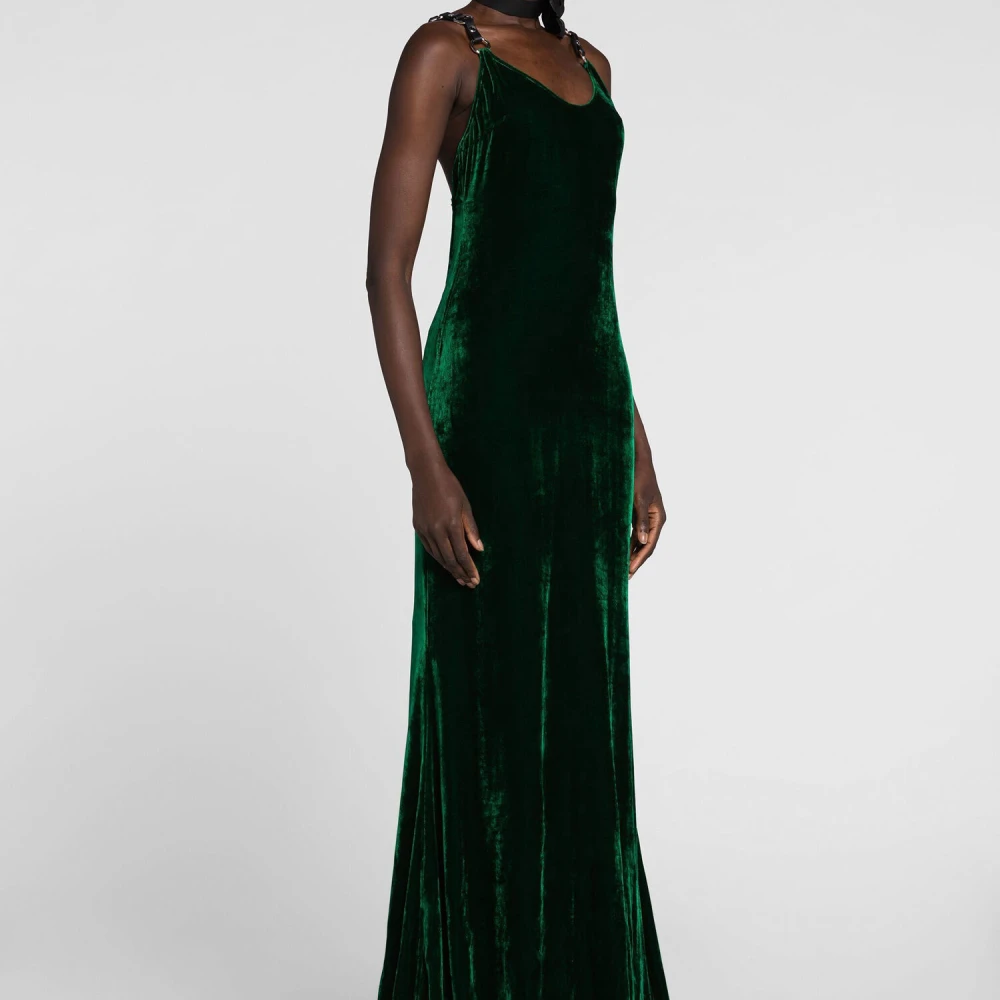 Roberto Cavalli Velvet Maxi Jurk met Leren Bandjes Green Dames