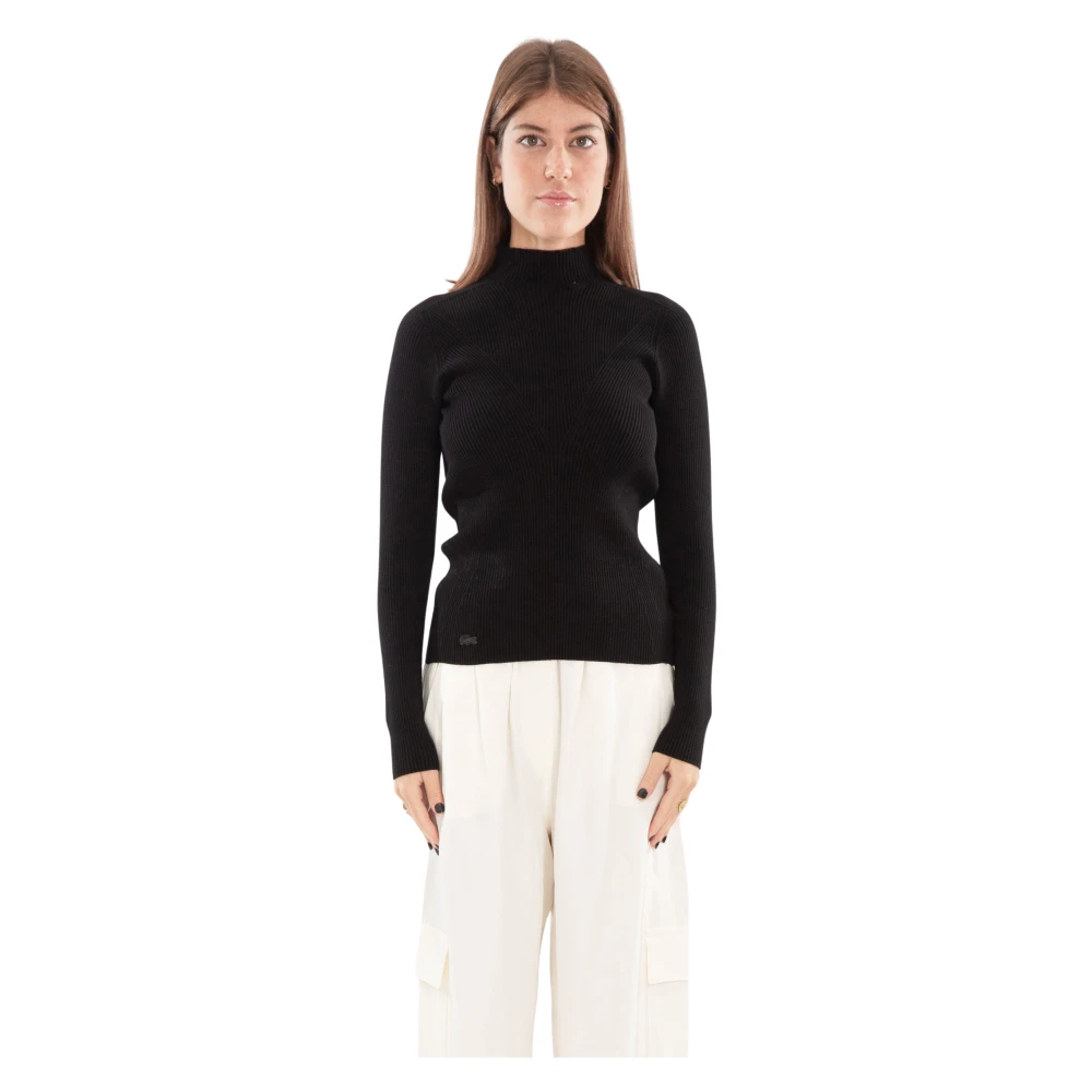 Lacoste Geribbelde hoge hals lange mouwen top Black Dames