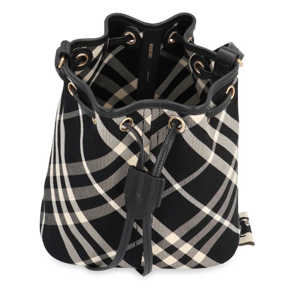 Burberry Mini Check Bucket Tas met Leren Details Black Dames