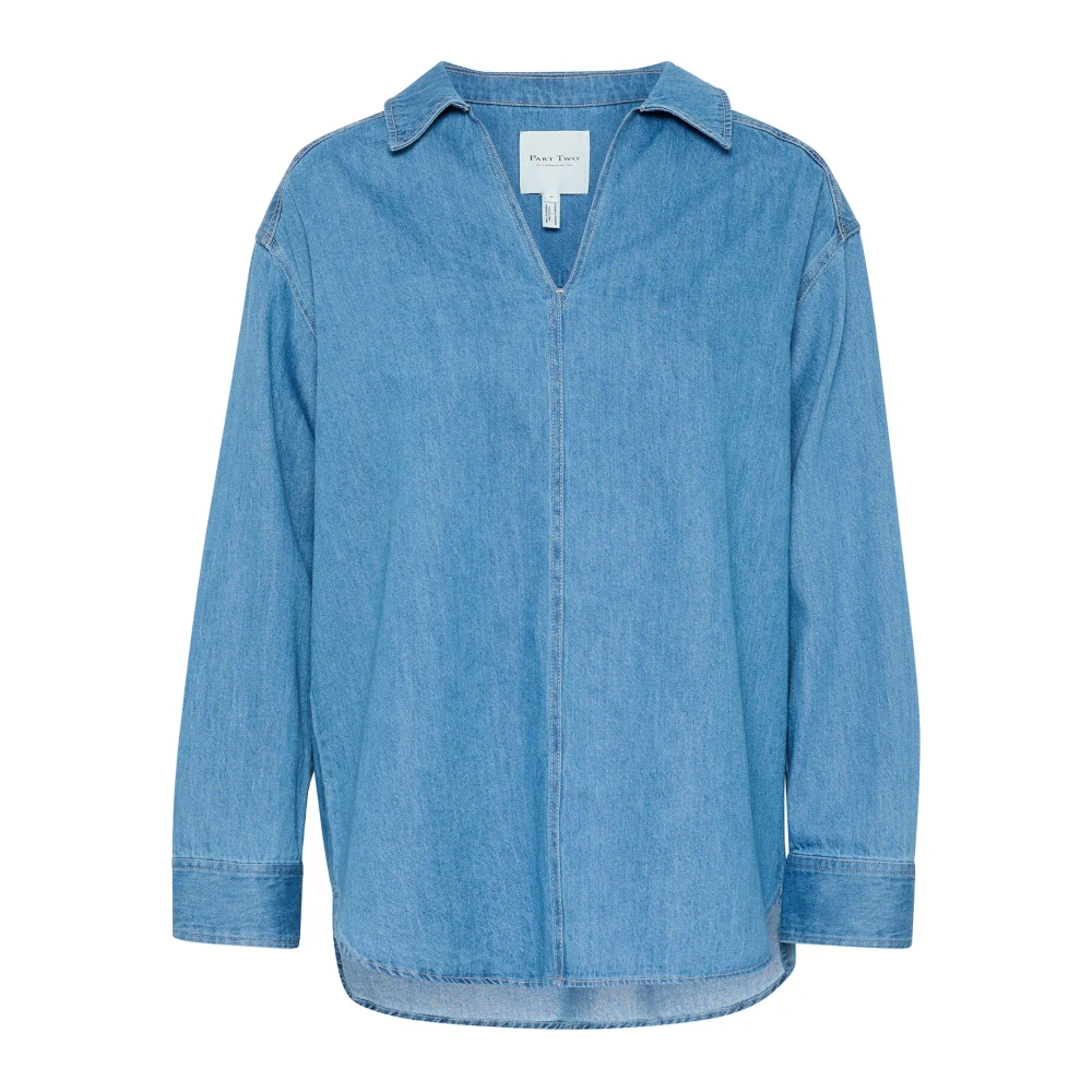 Part Two Oversized Denim Blouse met V-Hals Blue Dames