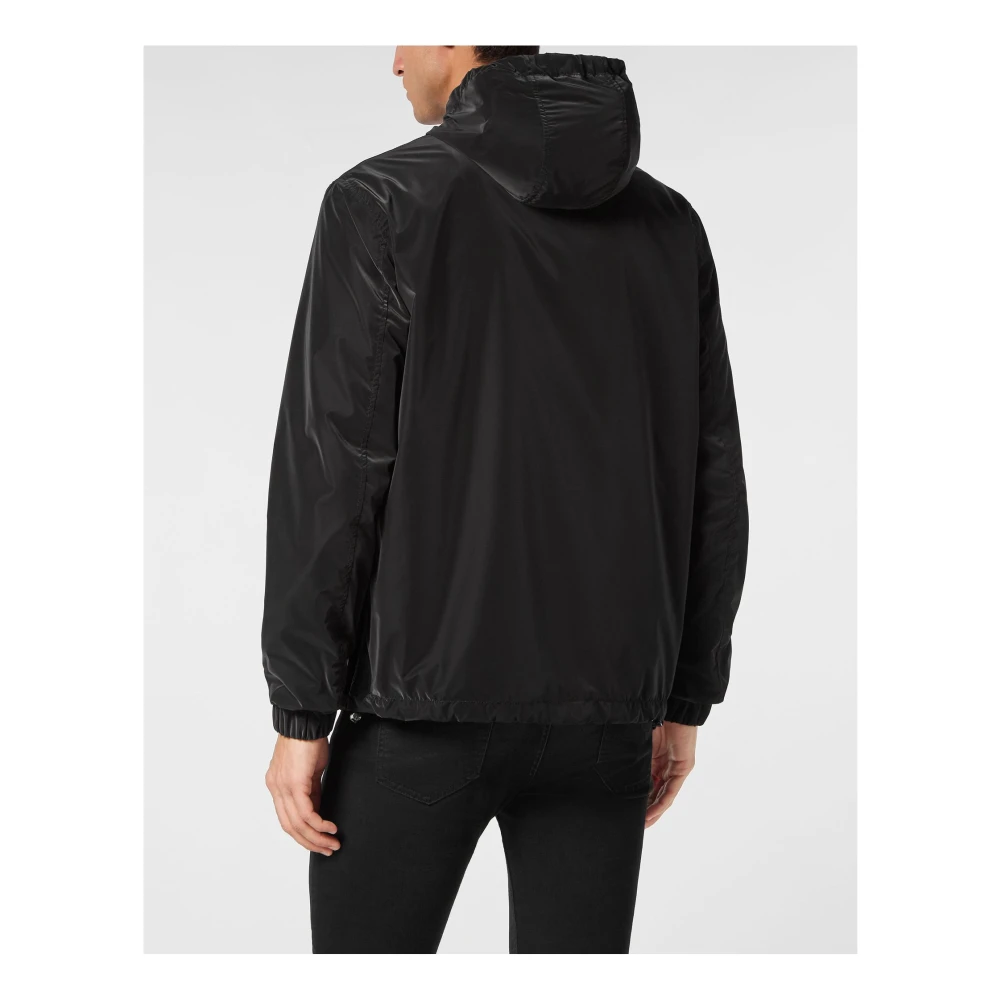 Philipp Plein Zwarte Windbreaker Jas Logo Rits Zakken Black Heren