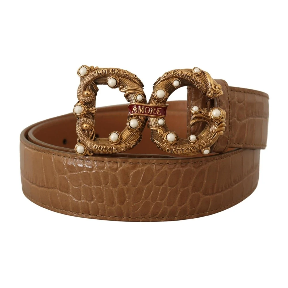 Dolce & Gabbana Brun Krokodil Mönster Läder Logo Amore Bälte Brown, Dam