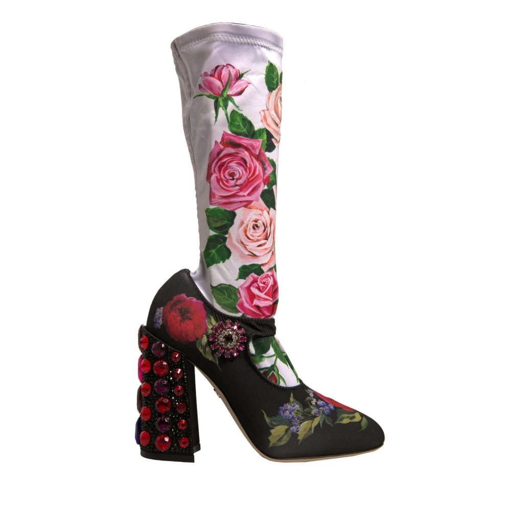 Dolce & Gabbana Women's Multicolor Heeled Boots, 5 Uk, Black Floral Crystal Boots