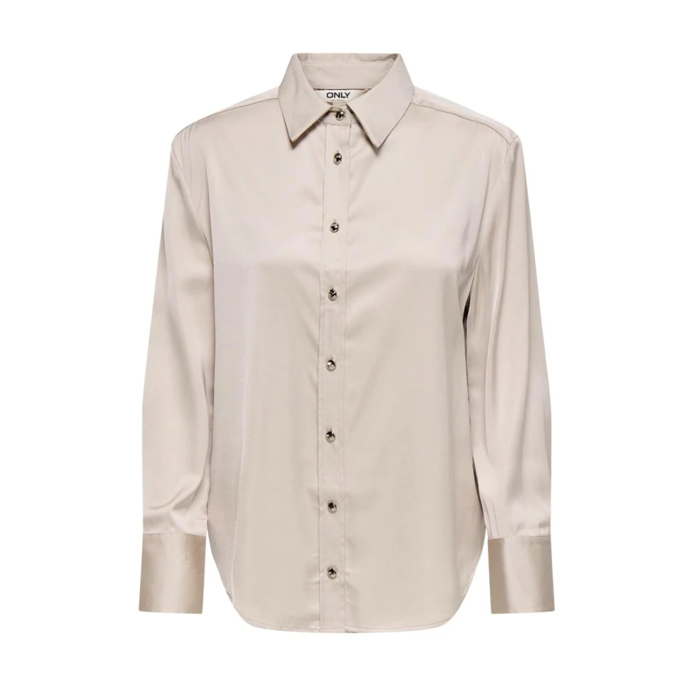 Only Women's Beige Shirts, M, Round Neck Long Sleeve Button-Up Shirt
