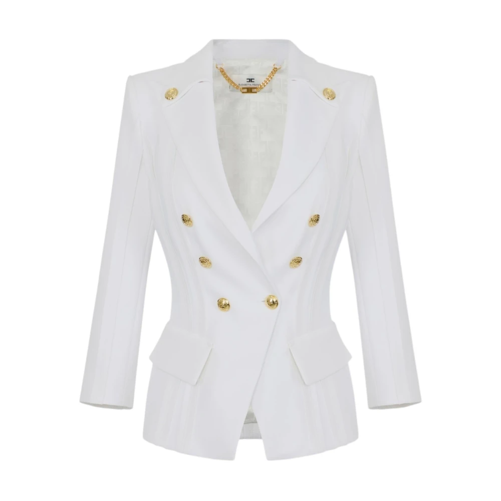 Elisabetta Franchi White Blazers, Female, 2XL, Double Crepe Stretch Blazer With Gold Buttons
